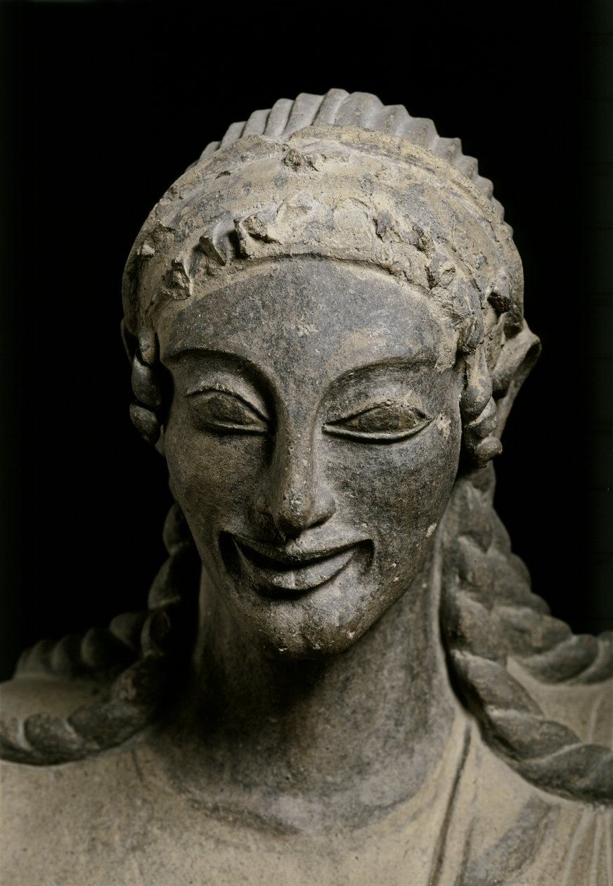 ETRUSKANSK KONST: Apollo (detalj). ca 510-490 f.Kr. Från Veius, helgedom i..., ca 510-490 f.Kr. (terrakotta) av Etruscan