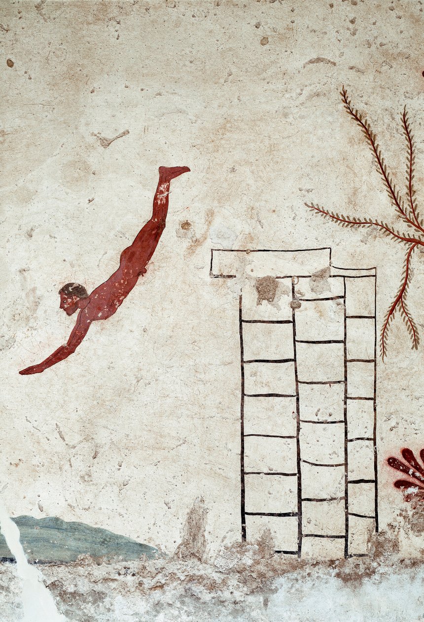 Etruskisk konst: En ung simmare som dyker. Fresk av "dykarens grav". Detalj. Från Paestums södra kyrkogård. 480-470 f.Kr. Museo Archeologico Nazionale, Paestum av Etruscan