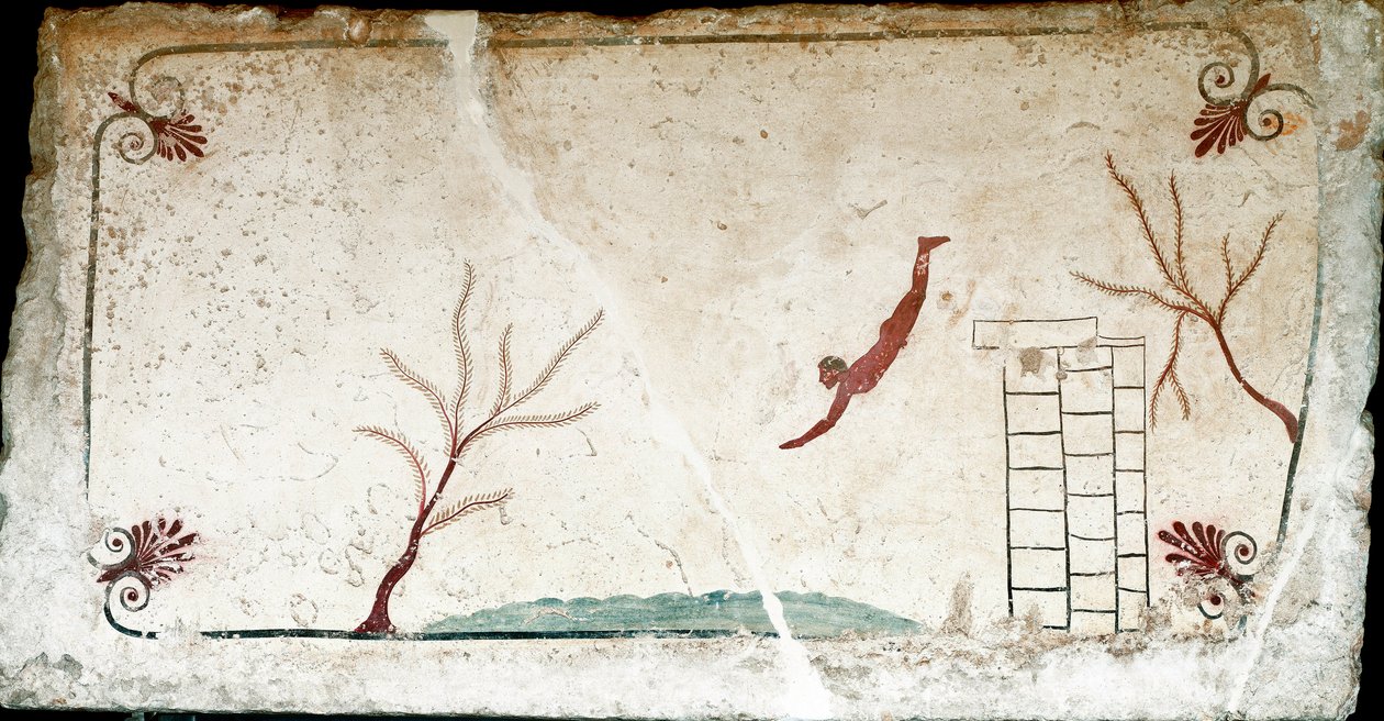 Etruskisk konst: En ung simmare som dyker. Fresk av "dykarens grav". Från Paestums södra kyrkogård. 480-470 f.Kr. Museo Archeologico Nazionale, Paestum av Etruscan