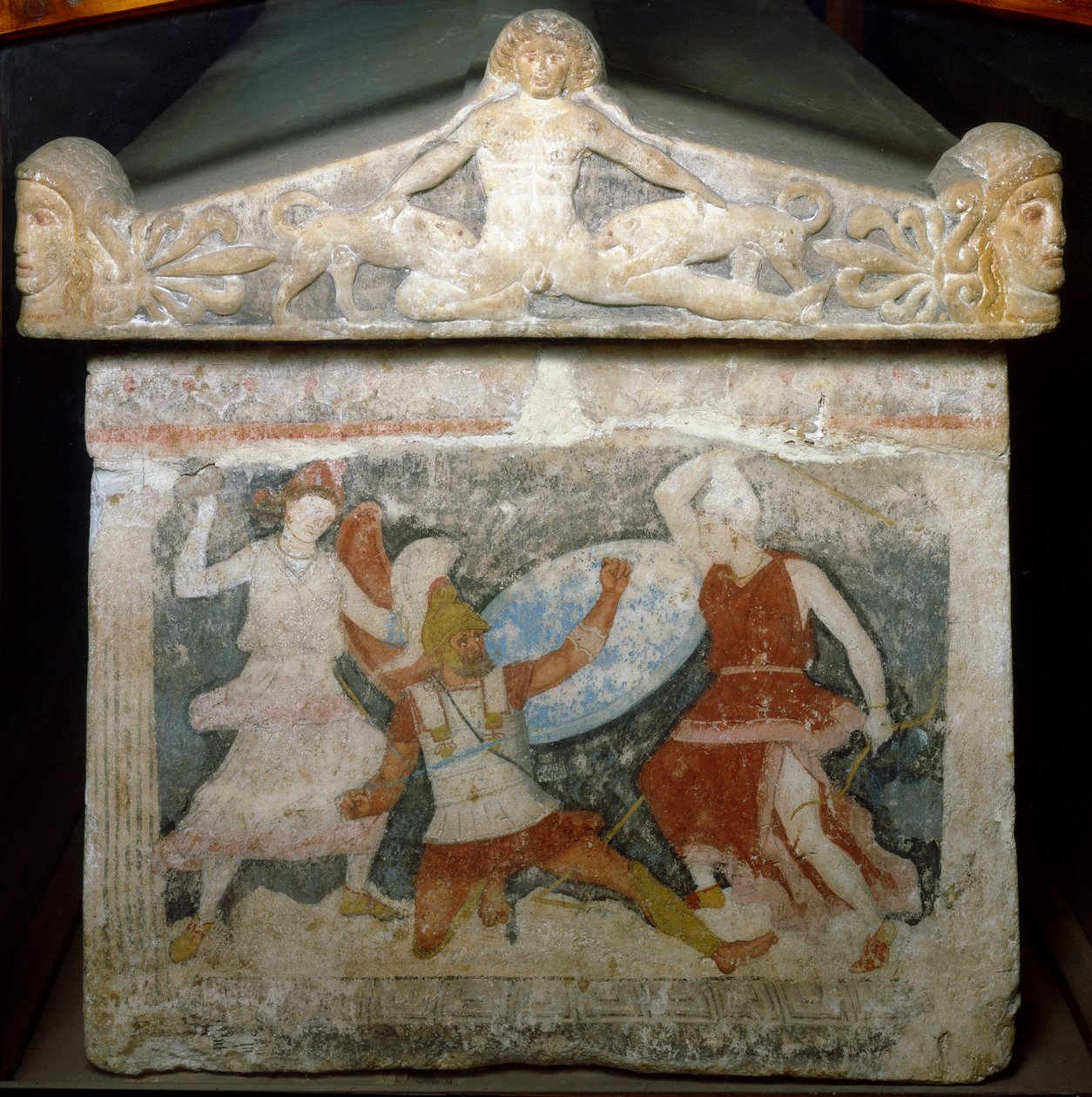 Etruskisk konst: "Ovan: Acteon som slukas av sina hundar. Amazonas-sarkofag. Slutet av 400-talet f.Kr. Från Tarquinia. Florens, Museo Archeologico av Etruscan