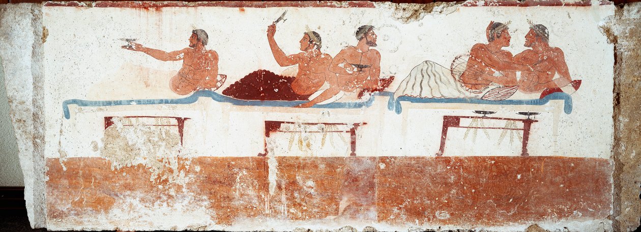 Etruskisk konst: bankettscen. Fresk av "dykarens grav". Från Paestums södra kyrkogård. 480-470 f.Kr. Museo Archeologico Nazionale, Paestum av Etruscan