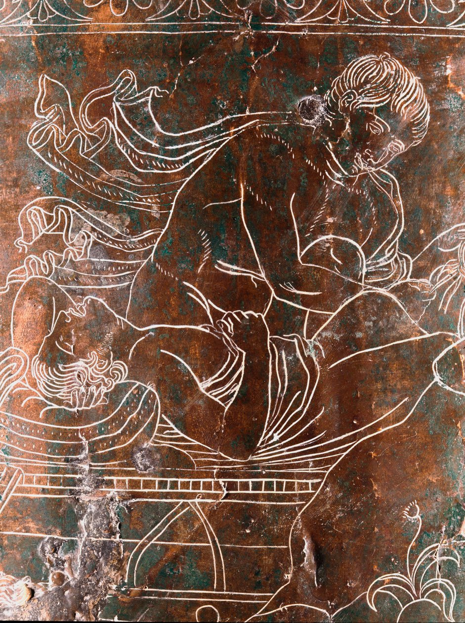 Etruskisk konst: detalj av brons Ficoroni Cistus som representerar legenden om Argonauterna: Argos skepp. Från Preneste (Palestrina). 340 f.Kr. Museo Nazionale di Villa Giulia, Rom av Etruscan