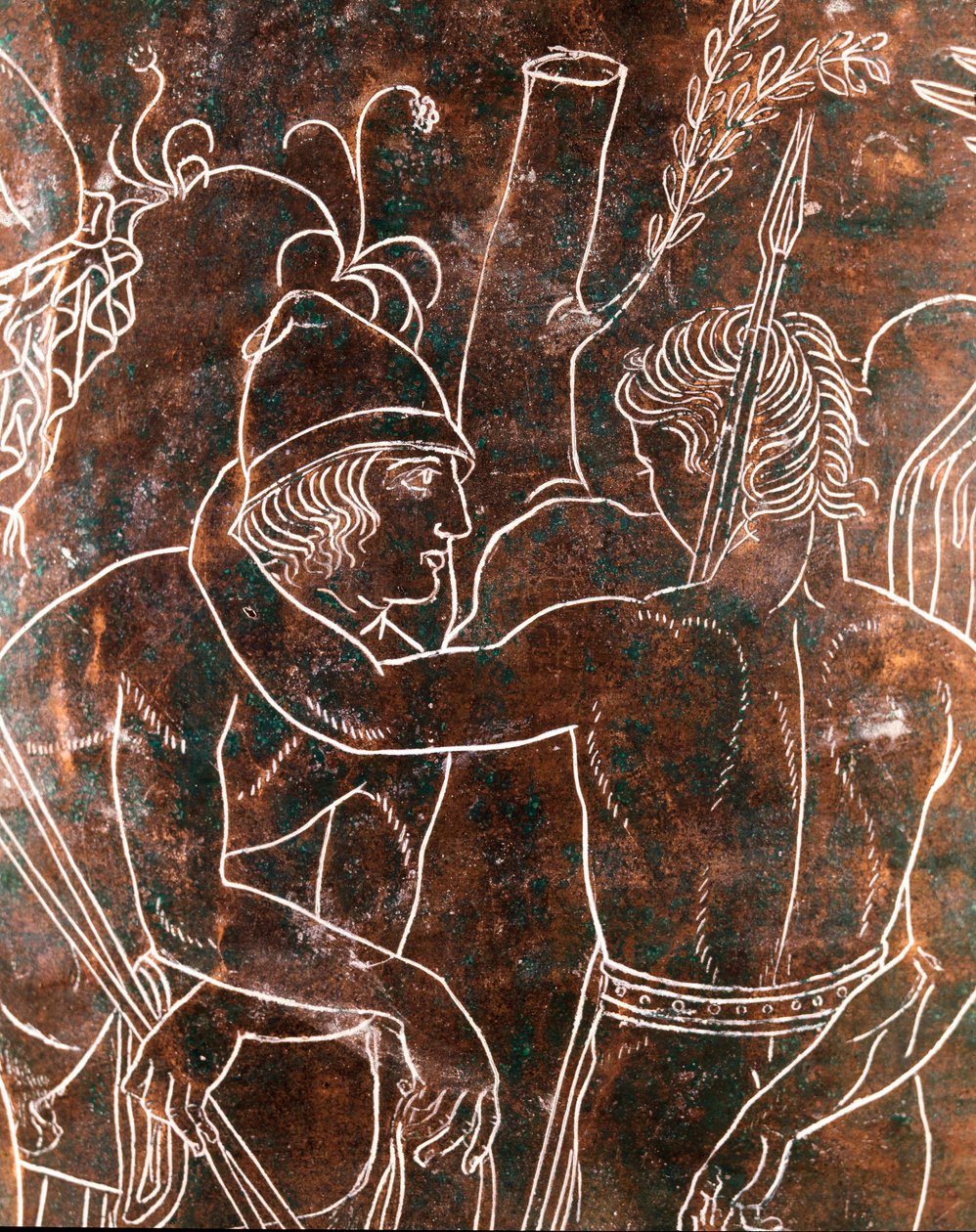 Etruskisk konst: detalj av brons Ficoroni Cistus som representerar legenden om Argonauterna. Från Preneste (Palestrina). 340 f.Kr. Nationalmuseet för Villa Giulia, Rom av Etruscan
