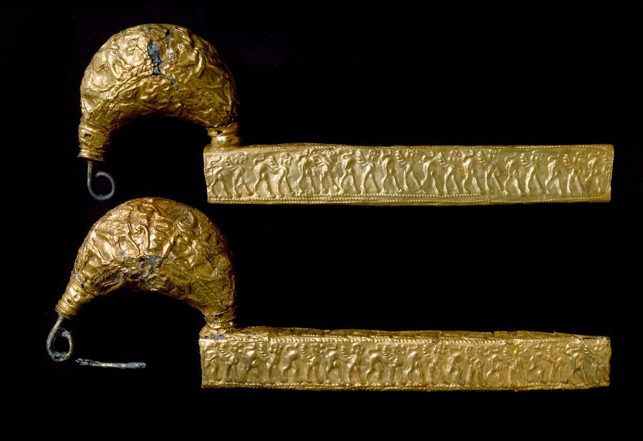 Etruskisk konst: fibuler (stift) i guld. 630 f.Kr. Från Licteurens (Littore) grav en Vetulonia (eller Vetulonium). Dämpa. 21 cm Florens, Museo Archeologico av Etruscan