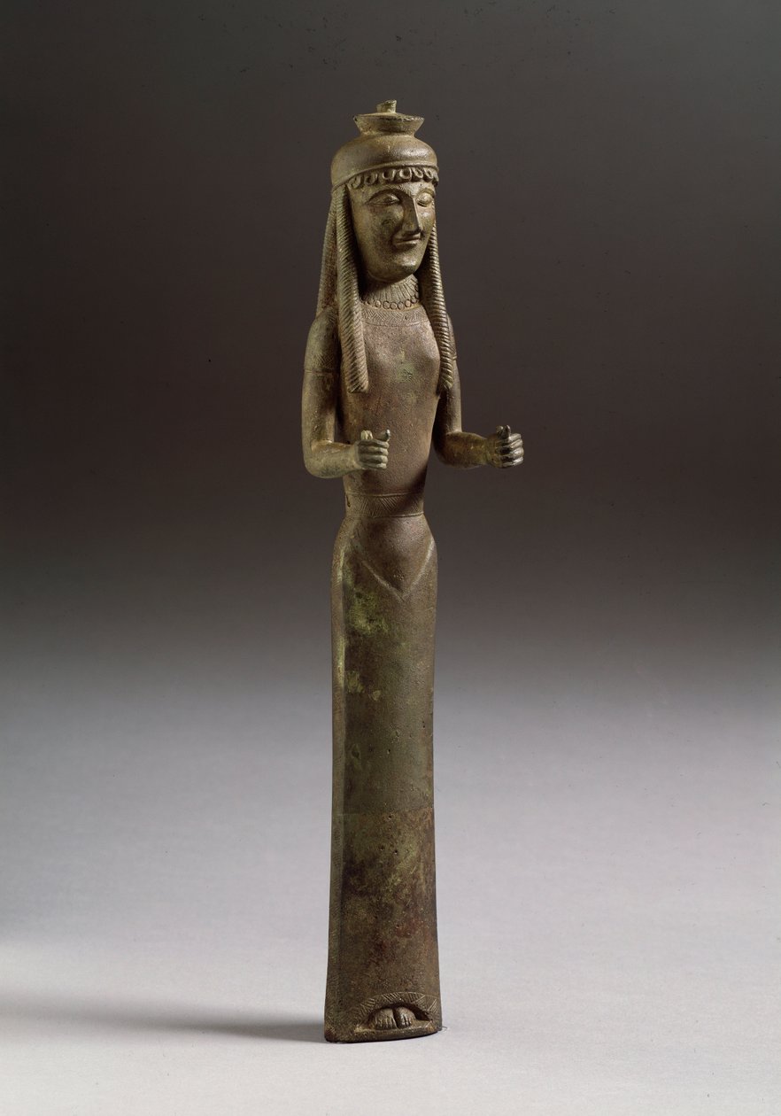 Etruskisk konst: offergivarens figur (etruskisk konst, en offerfigur, bronsskulptur från Italien, 550 f.Kr., Dim 36 cm) Bronsskulptur, Italien 550 f.Kr. Florens, Museo Archeologico av Etruscan