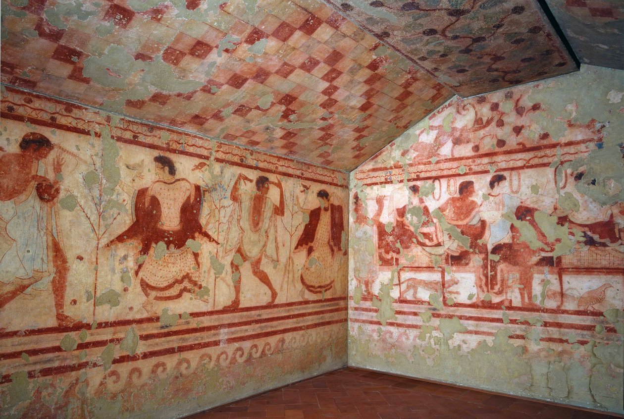Etruskisk konst: fresker som visar bankettscener. Trikliniums grav. 500-talet f.Kr. National Archaeological Museum of Tarquinia Italien av Etruscan