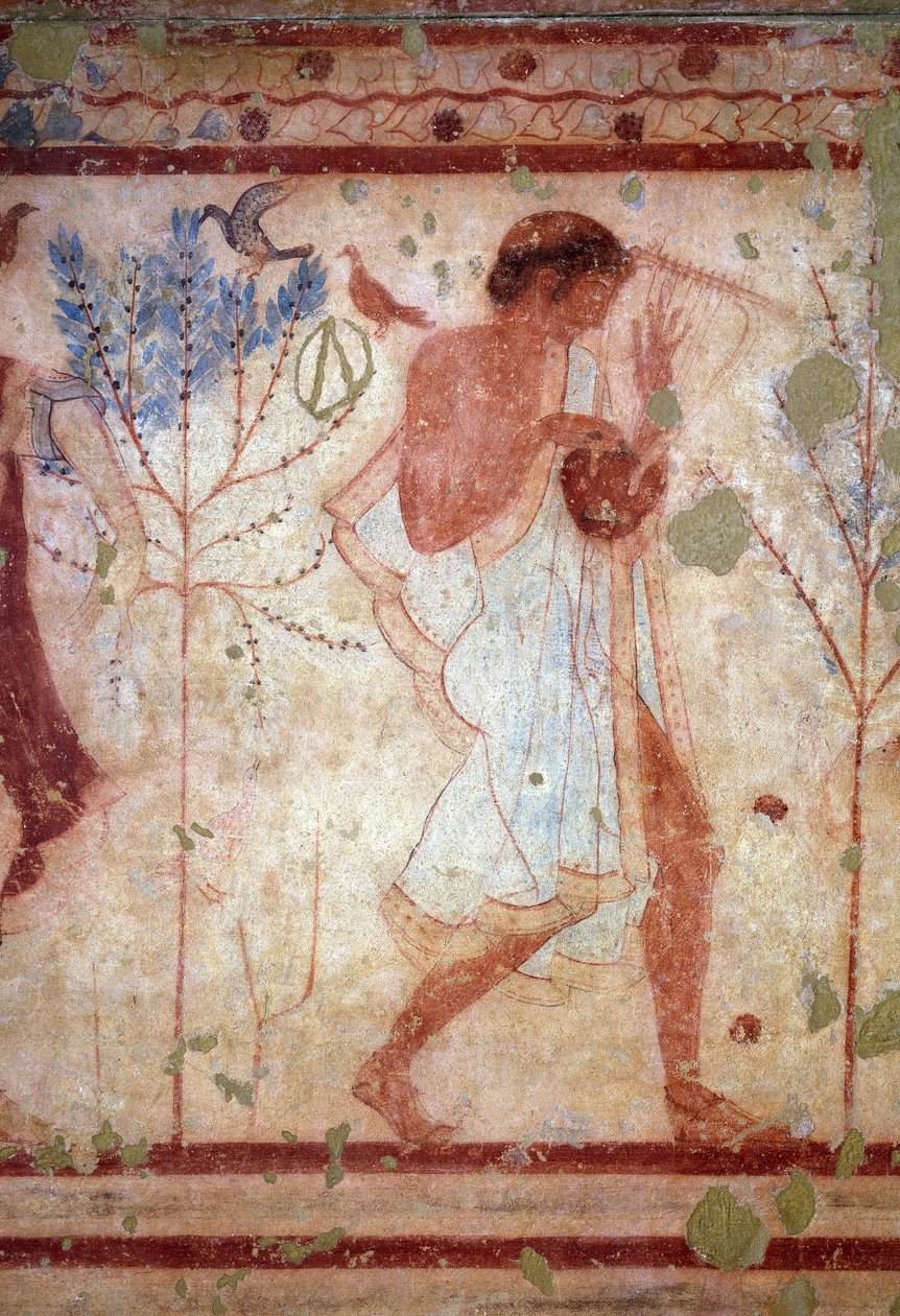 Etruskisk konst: fresker som skildrar bankettscener, detalj som skildrar en lirare. Trikliniums grav. 500-talet f.Kr. National Archaeological Museum of Tarquinia Italien av Etruscan
