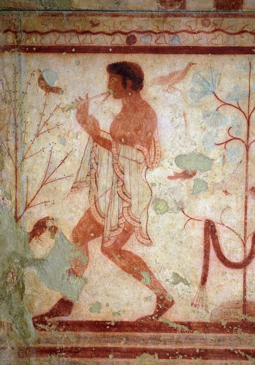 Etruskisk konst: fresker som representerar bankettscener, detalj som representerar en flöjtspelare. Trikliniums grav. 500-talet f.Kr. National Archaeological Museum of Tarquinia Italien av Etruscan