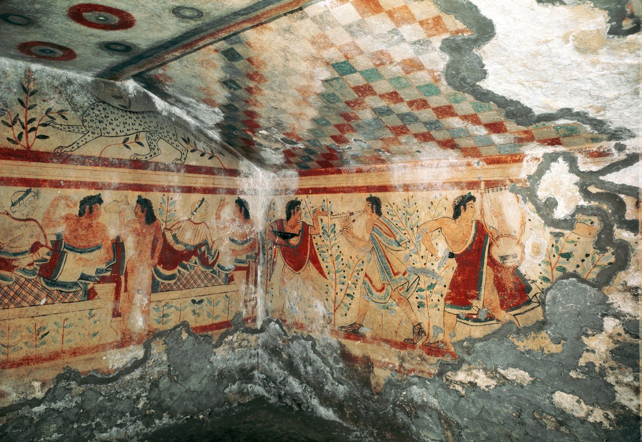 Etruskisk konst: utsikt över insidan av leopardernas grav, dekorerad med fresker som representerar en bankettscen med dansare. 470 f.Kr. Necropole de Monterozzi, Tarquinia, Italien av Etruscan