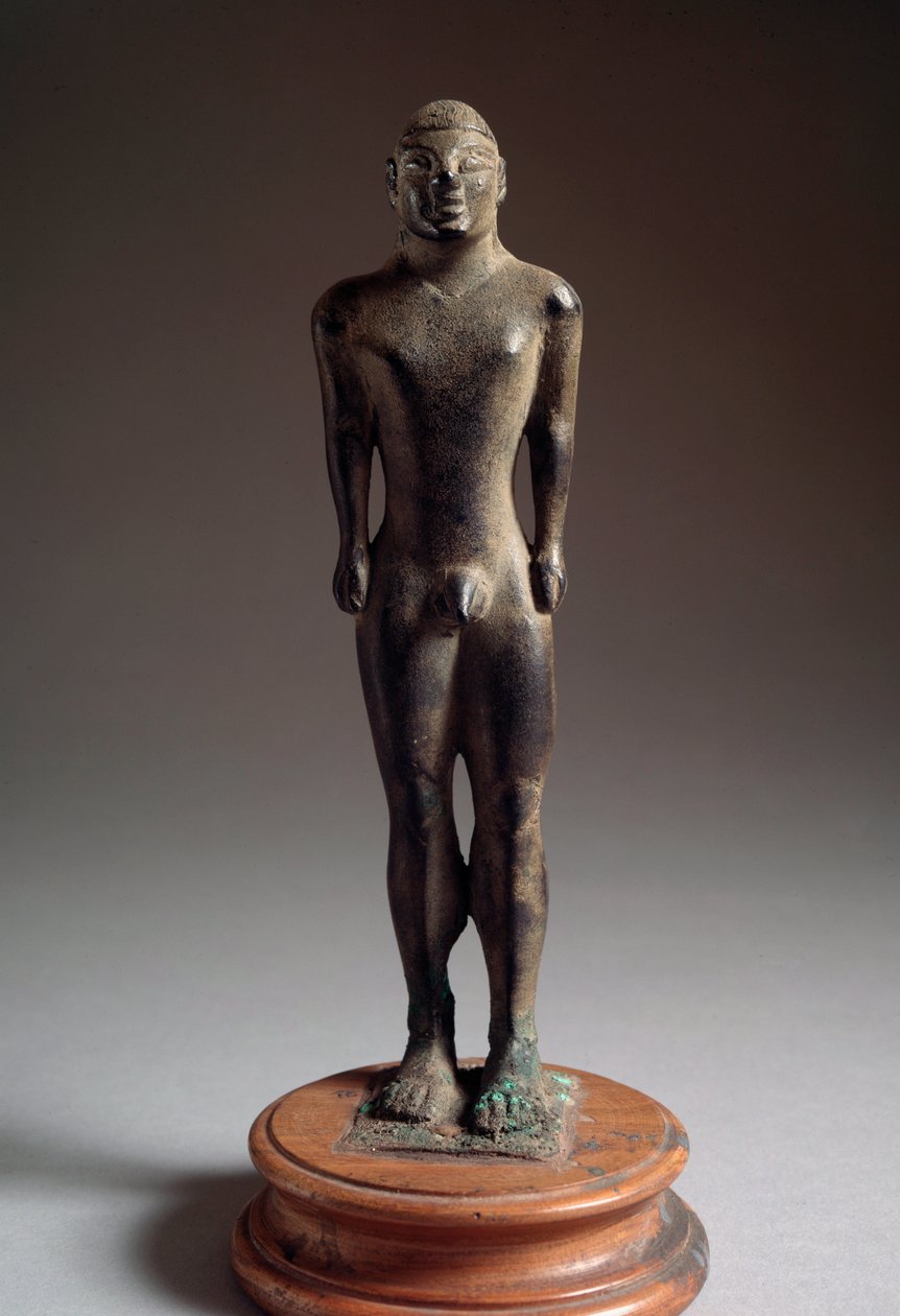 Etruskisk civilisation: "" kouros"" bronsskulptur, från Talamone, Italien, 540-530 f.Kr. Dim 21 cm av Etruscan