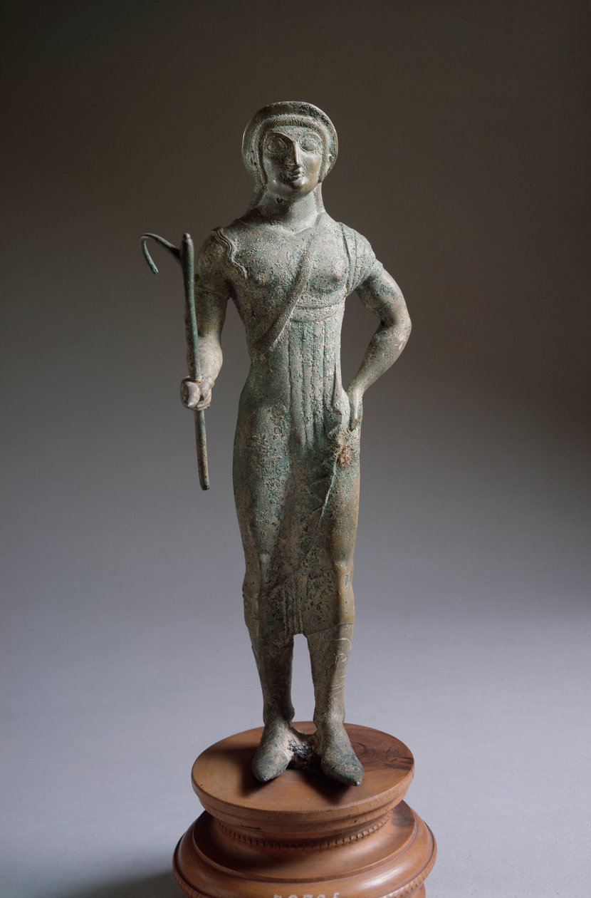 Etruskisk civilisation: "" offerarfigur"" bronsskulptur, 480 f.Kr., Dim 27 cm från Isola di Fano, Italien av Etruscan
