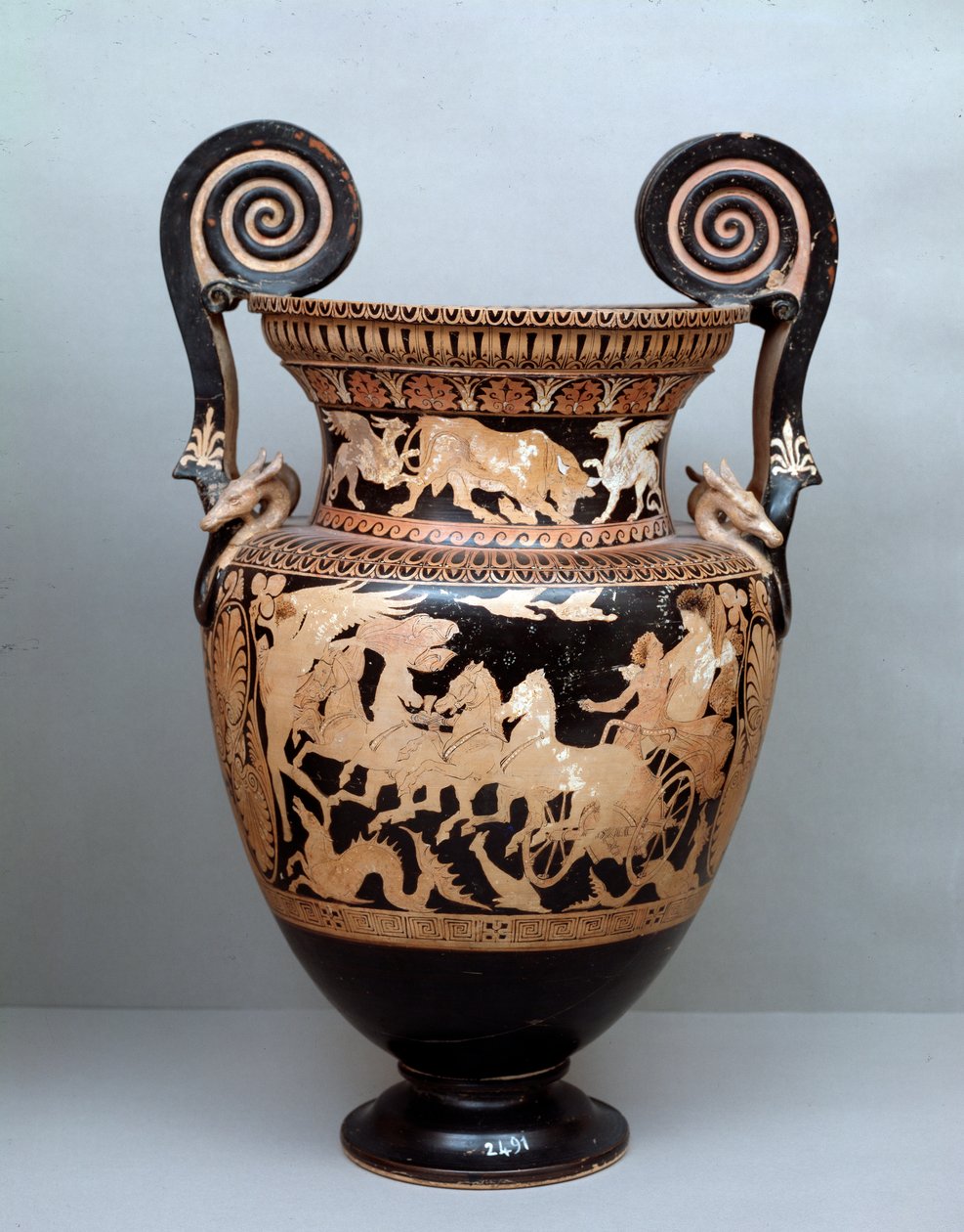 Etruskisk civilisation: terrakottakrater med voluter som representerar Aurora på hennes vagn, 360-340 f.Kr., från Cerveteri, Italien av Etruscan