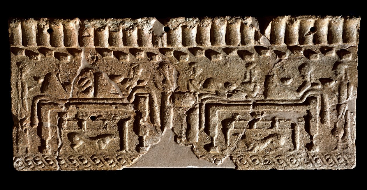 Etruskisk civilisation: terrakottafris prydd med en bankettscen. 580 f.Kr. Dim. 24x54 cm. Från Murlo Palace. Murlo, Antiquarium Comunale av Etruscan