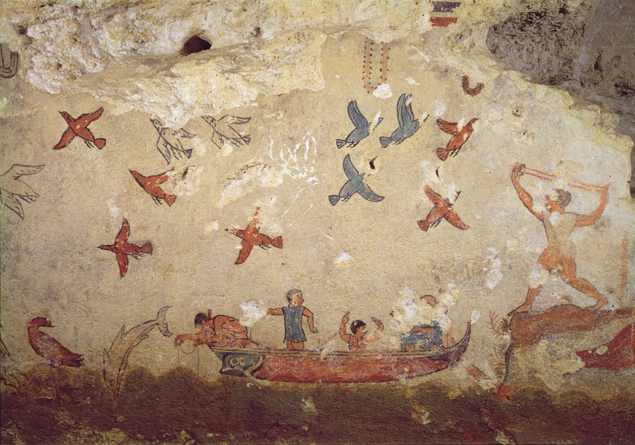 Fiskare i en båt och fåglar som flyger, från fisketomten, ca 520-510 f.Kr. (väggmålning) av Etruscan