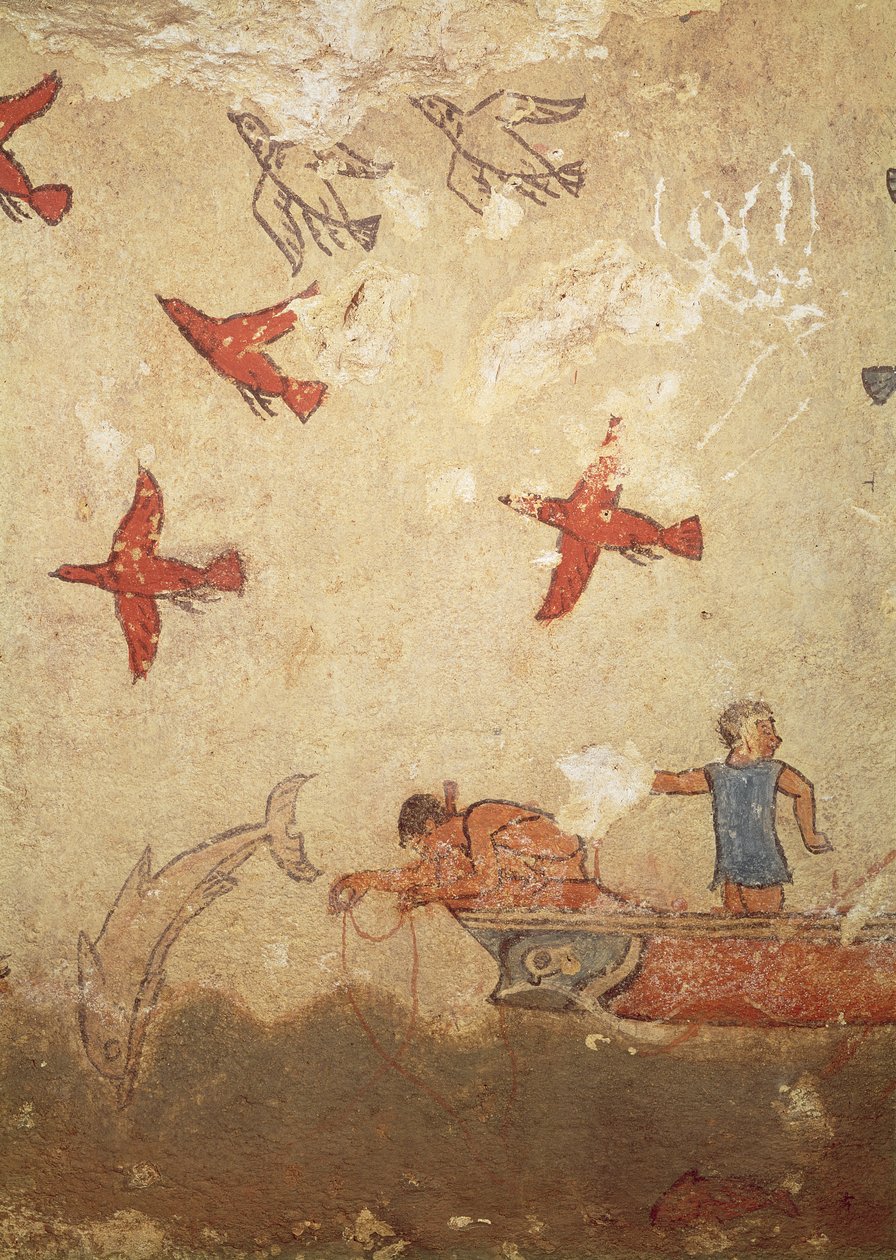 Fiskebåt, från jakt- och fiskegraven, c.520-10 f.Kr. (väggmålning) av Etruscan