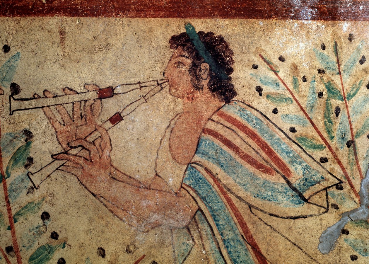 Flöjtist. Detalj av en fresk av leopardernas grav, 500-talet f.Kr av Etruscan
