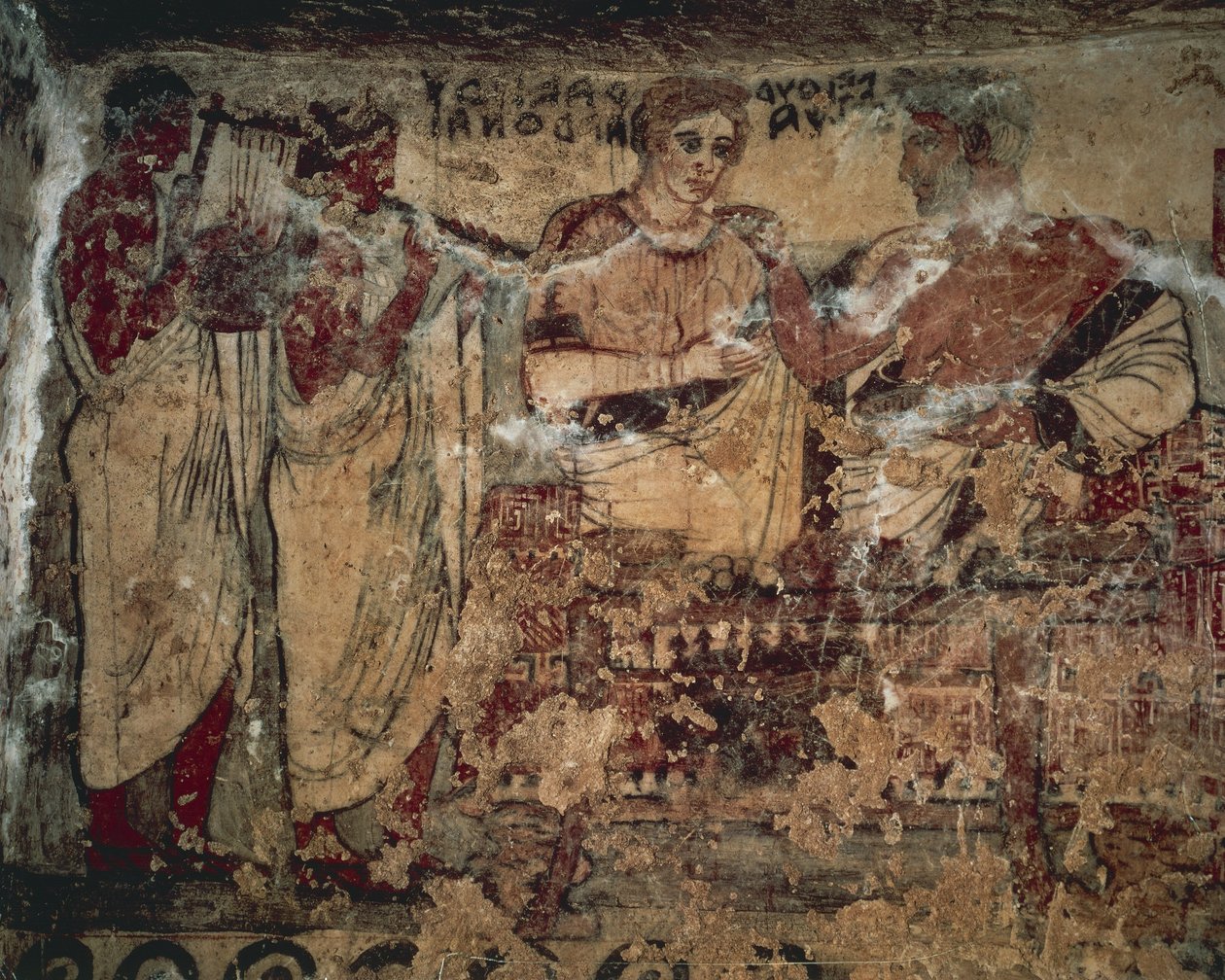 Fresk föreställande begravningsbankett av Velthur Velcha med fru Ravnthu Aprthnei underhållen av två musiker av Etruscan