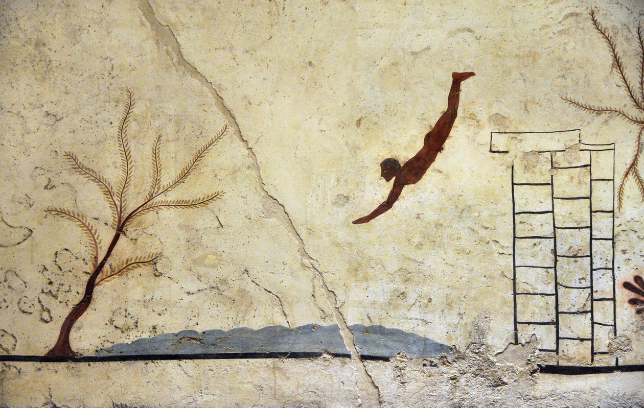 Grekisk konst: En ung simmare dyker. Freskomålning av "dykarens" grav, Paestum av Etruscan