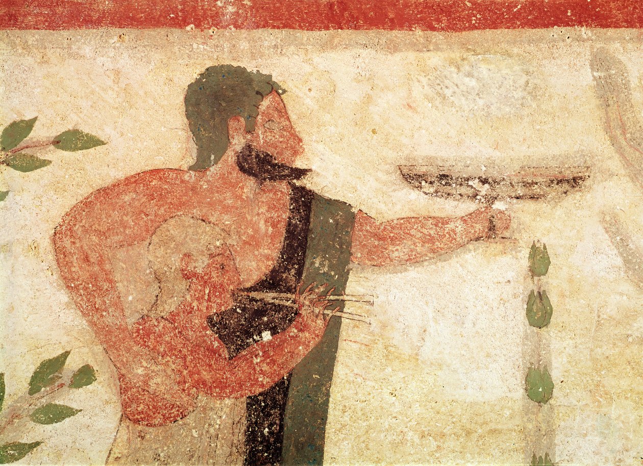 Huvudet för en man och ett barn som spelar dubbelflöjt, från baronens grav, ca 500 f.Kr. väggmålningsdetalj av 407470 av Etruscan