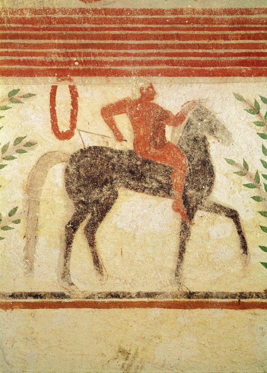 Ryttare, vänster sida, från baronens grav, c.500 f.Kr. (väggmålning) av Etruscan