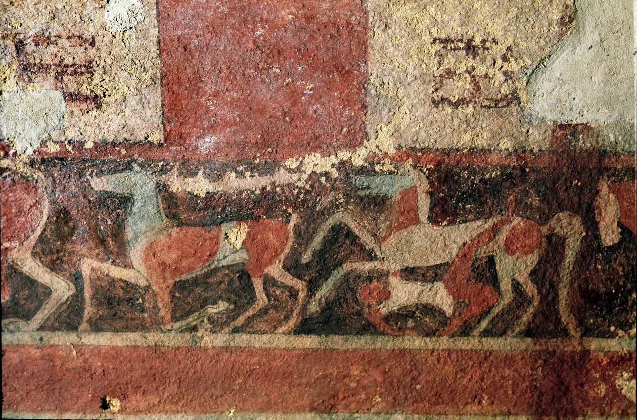 Hästar och ryttare. (Detalj av fresk, 510 f.Kr.) av Etruscan