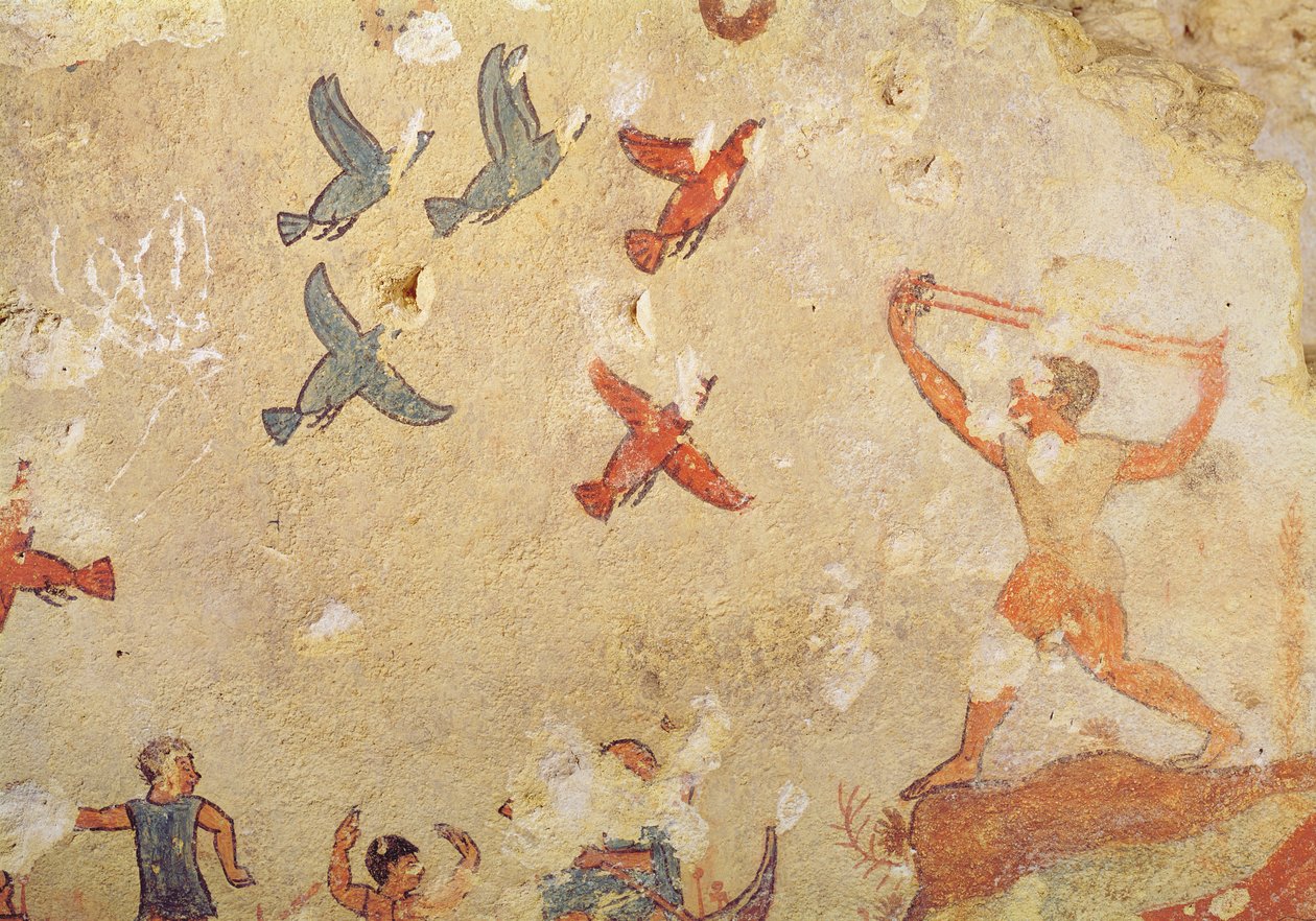 Fågeljägare, från jakt- och fiskegraven, c.520-10 f.Kr. (väggmålning) av Etruscan