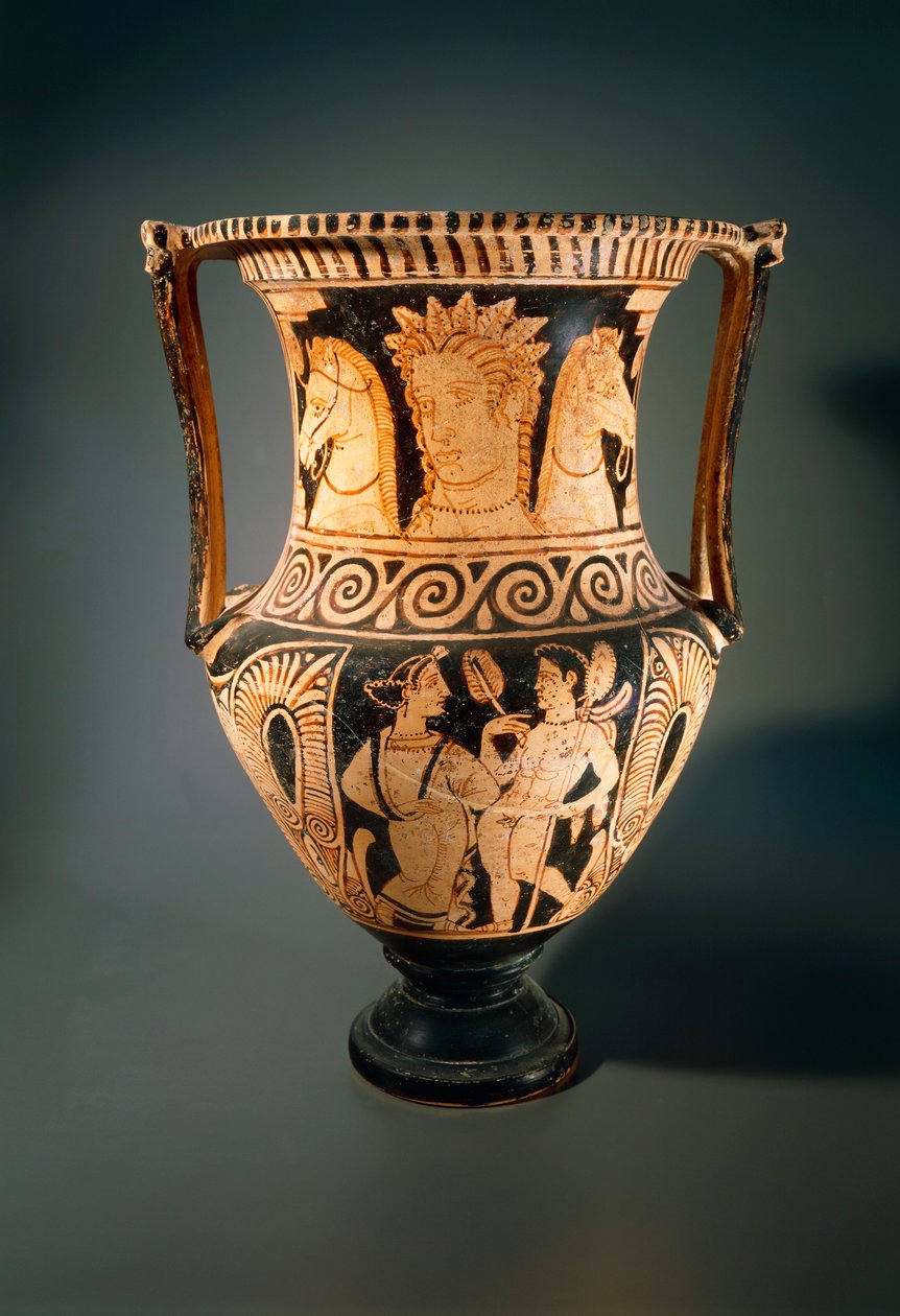 Kelebe eller kolonnkrater, av Asciano-målaren, föreställande en ung flicka som tar emot en flabellum (fläkt). Keramik med röda figurer från Poggio Pincis grav 3, Asciano (Toscana). Etruskisk civilisation, 400-talet f.Kr. av Etruscan