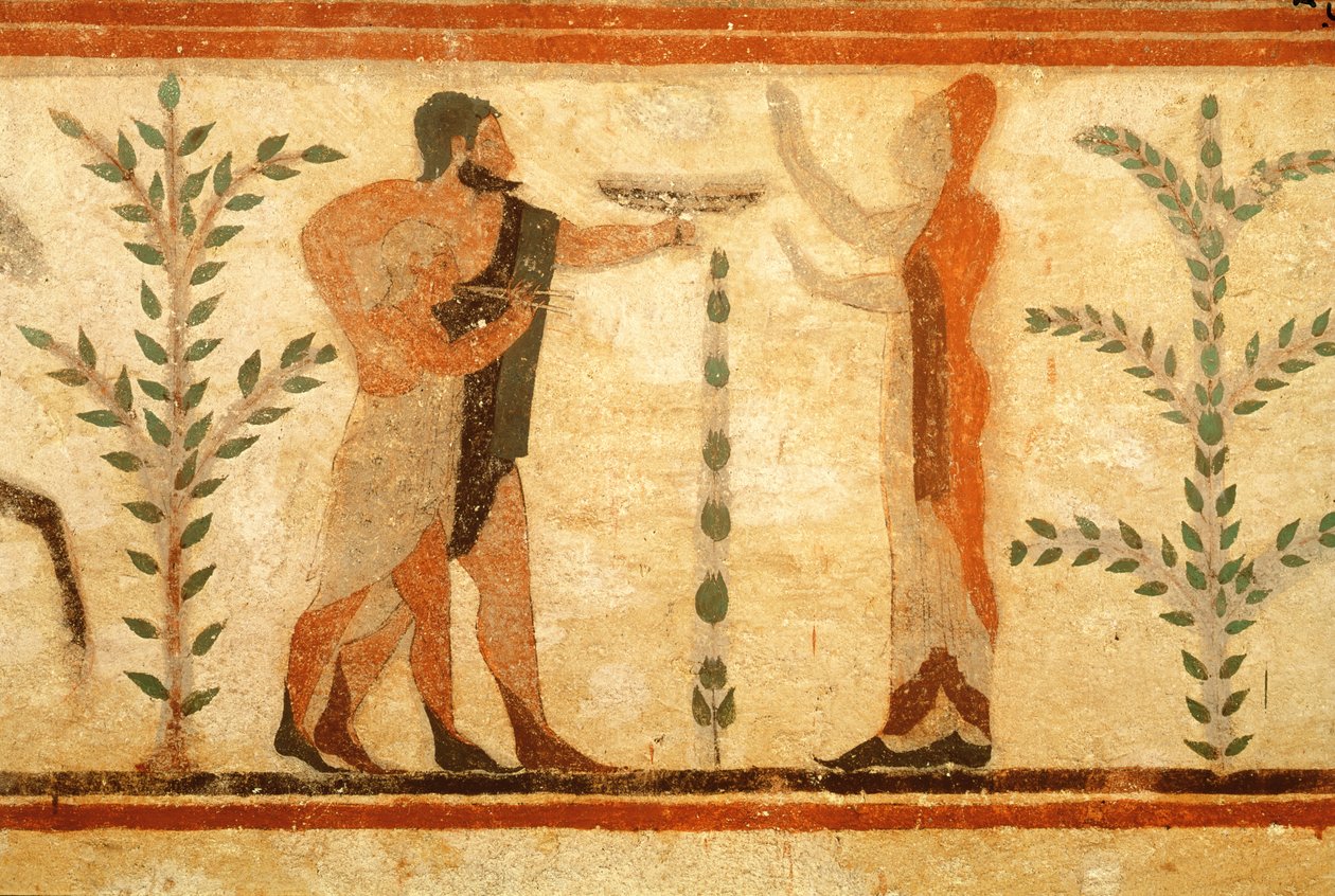 Man och barn före den döde Heroisee, från baronens grav, c.500 f.Kr. (väggmålning) (för detaljer se 407469) av Etruscan