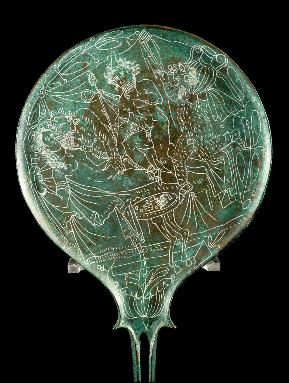 Spegel som visar en mytologisk scen, från Palestrina (Praeneste) (brons) av Etruscan