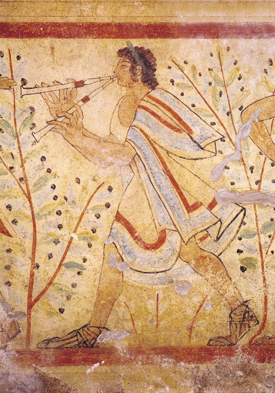 Musiker som spelar rören, från leopardens grav, c.490 f.Kr. väggmålningsdetalj från 76027 av Etruscan