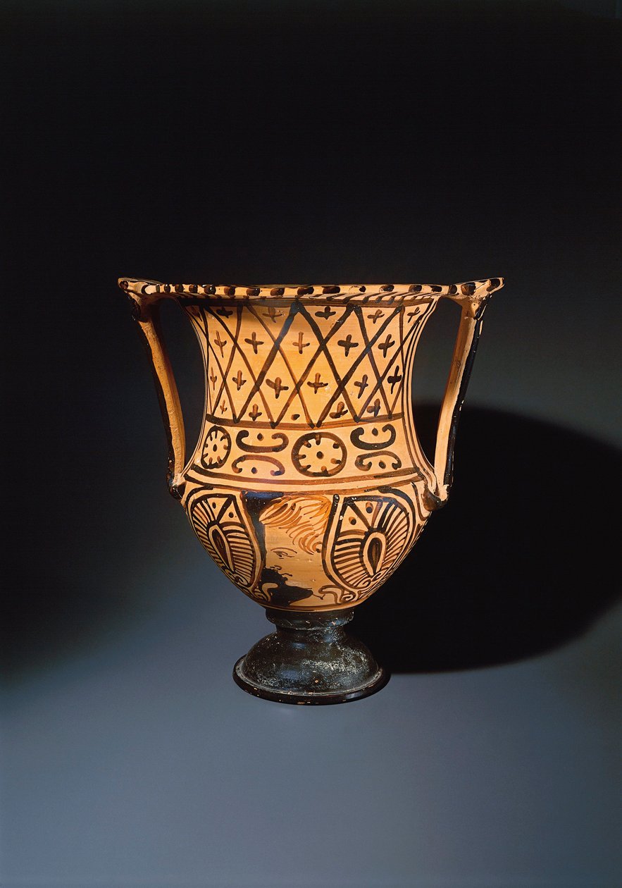 Röd-figur calyx krater (vas som används för att blanda vin och vatten) föreställande ett mänskligt ansikte av Etruscan