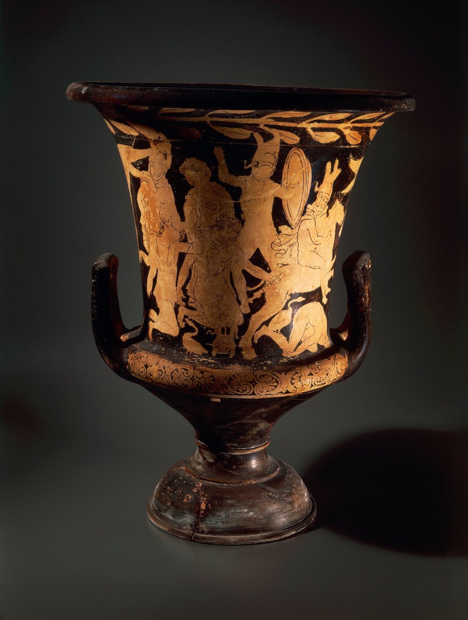 Keramik med röda figurer, Calyx krater med stridande krigare, från Vulcente Workshop av Etruscan