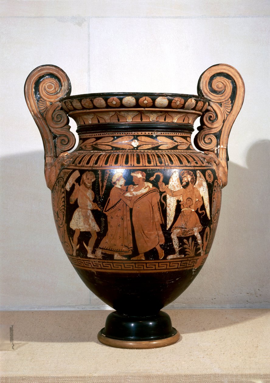 Keramik med röd figur, volute krater föreställande Alcestis omfamning A.D.metus och inskription av namn, av Alcestis Painter av Etruscan