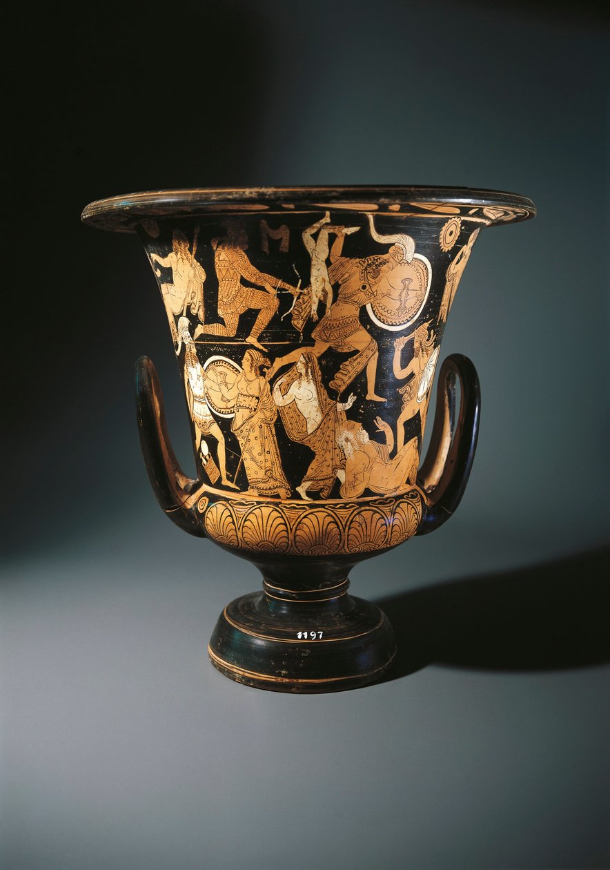 Keramik med röd figur, blomkålskrater föreställande Neoptolemus, Astyanax, Helen av Troja och Priamo på marken, av Nazzano Painter, från Civita Castellana av Etruscan