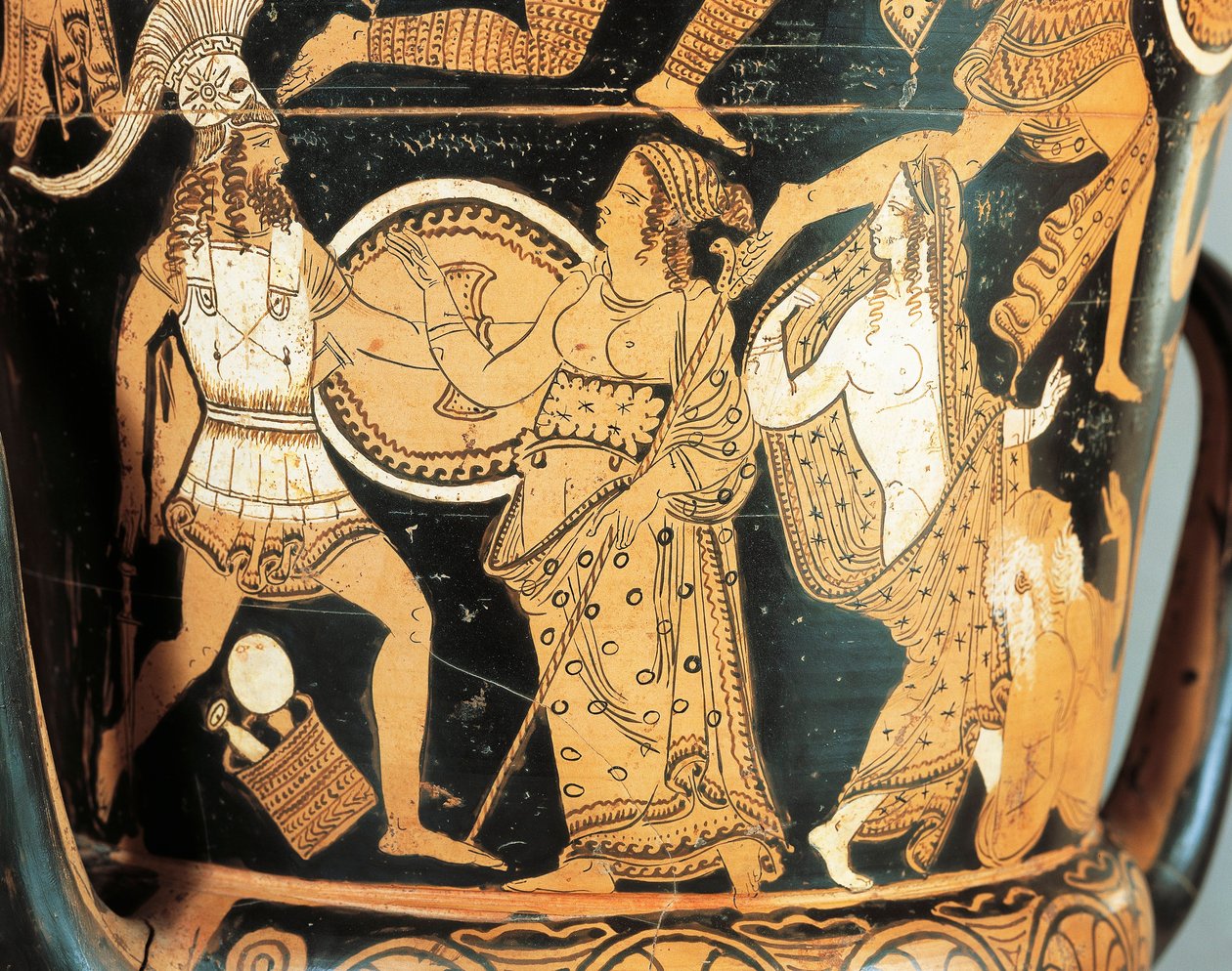 Keramik med röda figurer, detalj av krater som visar Menelaos inför Afrodite när han når Helen, från Civita Castellana, antika Falerii, Rom-provinsen, Italien av Etruscan
