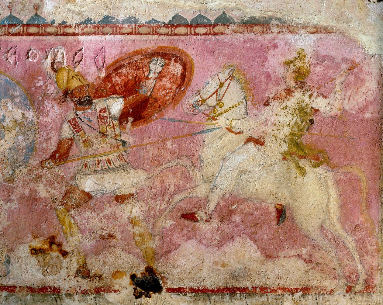 Amasonernas sarkofag med målad stridsscen, vit kalksten, från Tarquinia, Latium-regionen, Italien, detalj av Etruscan