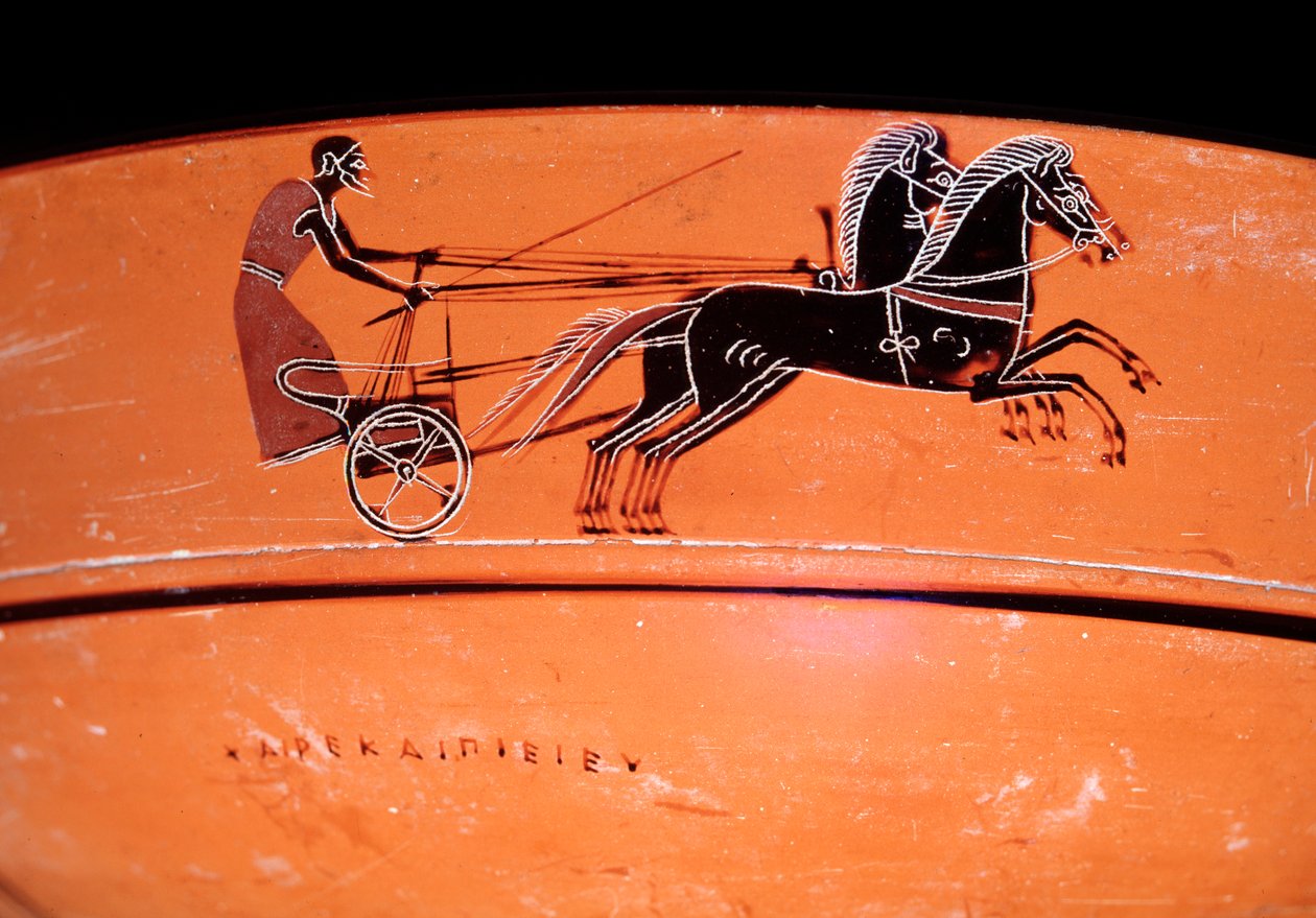 Terrakottavasdetalj som föreställer en vagn dragen av två hästar, 300-talet f.Kr av Etruscan