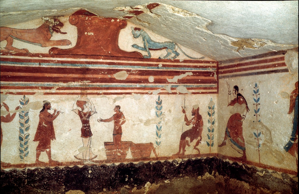 Den avlidne som sitter på en pall deltar i en show med jonglörer och dansare (fresko, detalj, 530 f.Kr.) av Etruscan