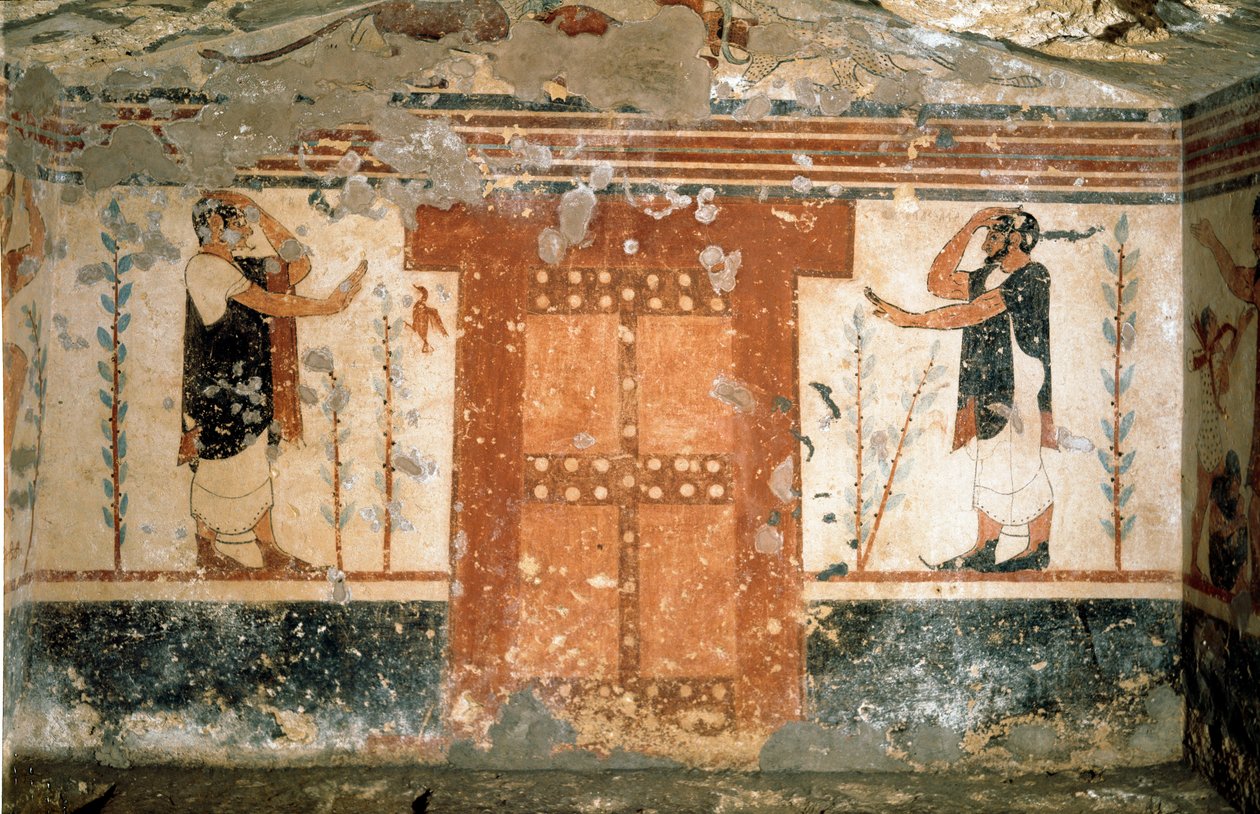 Två karaktärer som hälsar nära porten som symboliserar inträdet i dödens rike (fresko, 530 f.Kr.) av Etruscan