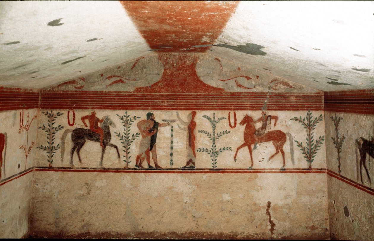 Två ryttare, en kvinna och en skäggig man presenterar en kopp (Detalj av fresk, 530 f.Kr.) av Etruscan