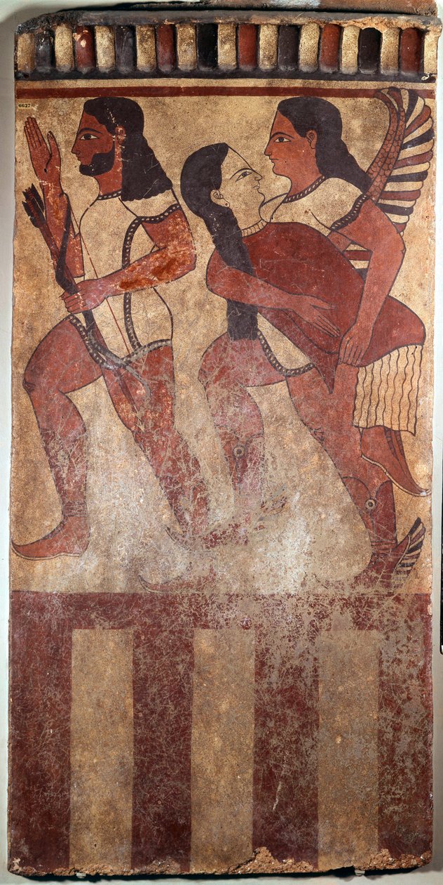 Etruskisk konst: Plattmålad terrakotta kallad Plaque Campana: en bågskytt, en andevinge som bär en feminin figur (Cerveteri (Italien), 600-talet f.Kr.). Paris, Louvren av Etruscan Etruscan