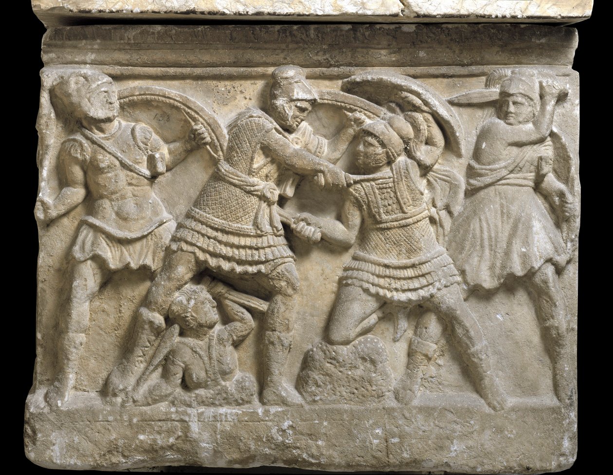 Etruskisk konst: "" Eteocle and Polynice""" de två bröderna, son till Oidipus, Basrelief av en sarkofag av Chiusi, 300-talet f.Kr. - Palermo, Museo Archeologico Nazionale - Duell mellan bröderna Eteocles och Polynices, söner till Oidipus - Bas -lättnad, de av Etruscan Etruscan