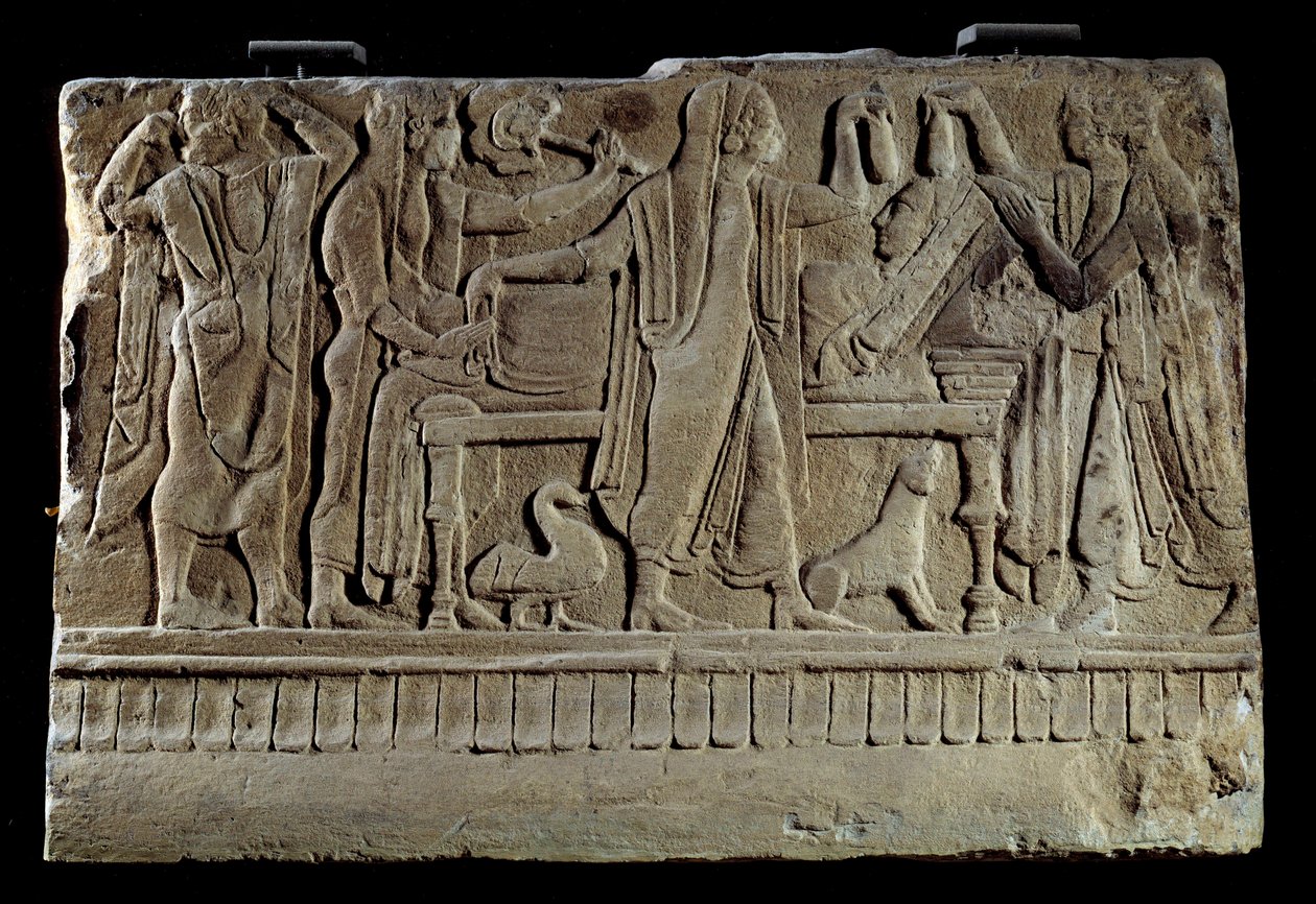 Etruskisk antikvitet: Plaquet of funerary cippe. Utställning av den avlidne på hennes begravningsbädd. Paris, Louvren av Etruscan Etruscan