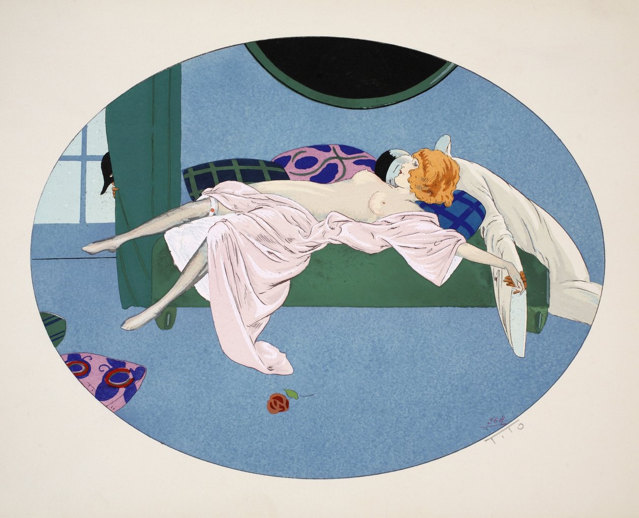 De fem sinnena - hörsel, syn, lukt, känsel och smak, pub. Paris, 1925 (stenciltryck) av Ettore Tito