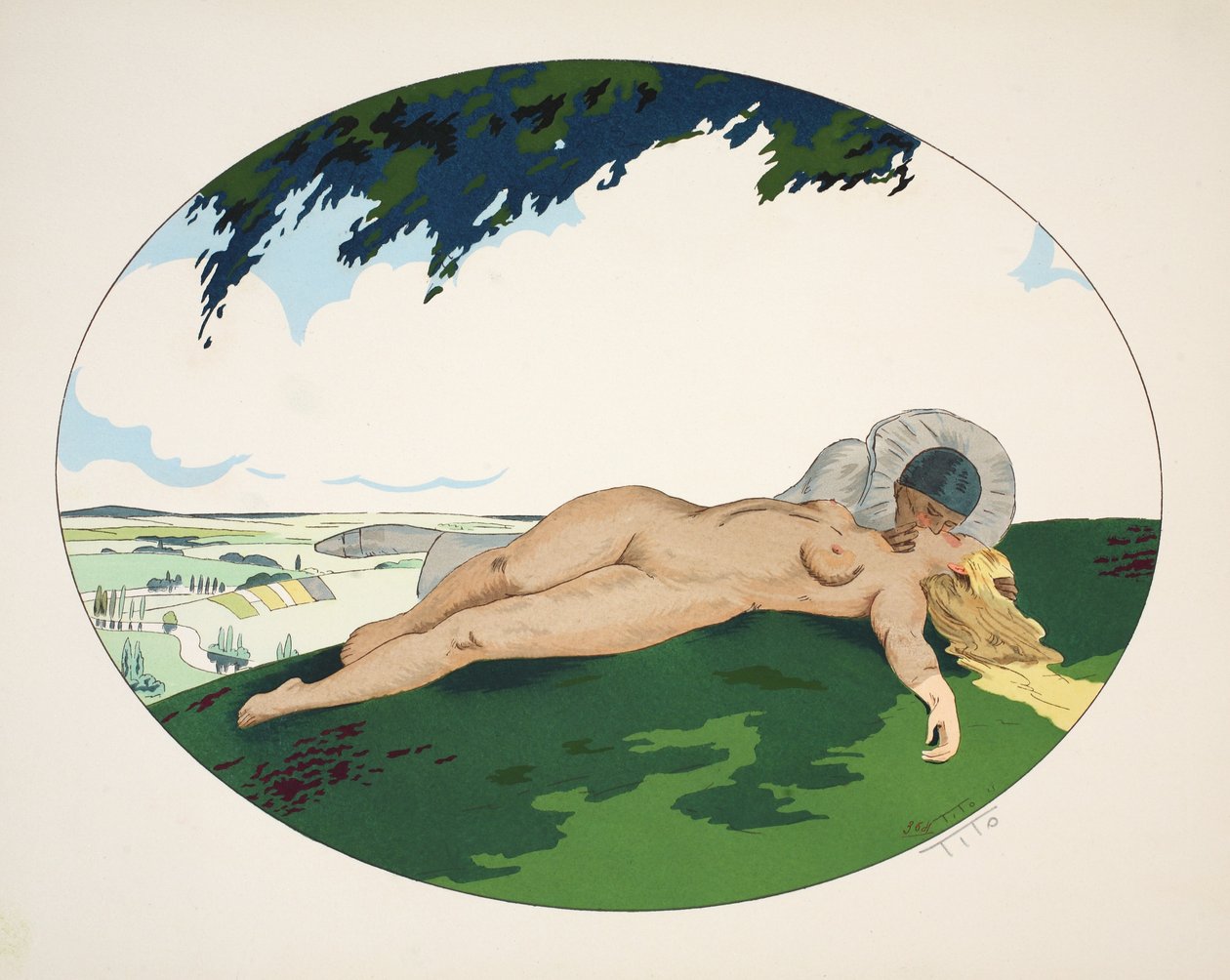 De fem sinnena - hörsel, syn, lukt, känsel och smak, pub. Paris, 1925 (stenciltryck) av Ettore Tito