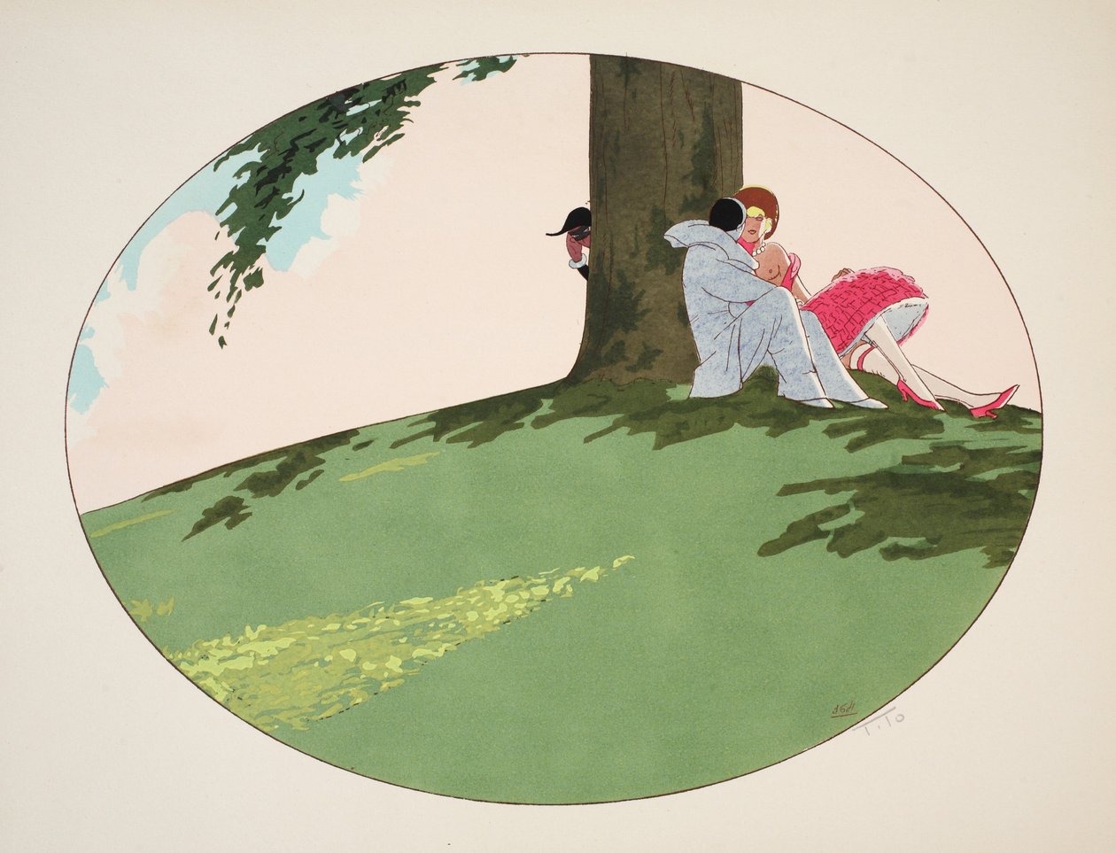 De fem sinnena - hörsel, syn, lukt, känsel och smak, pub. Paris, 1925 (stenciltryck) av Ettore Tito