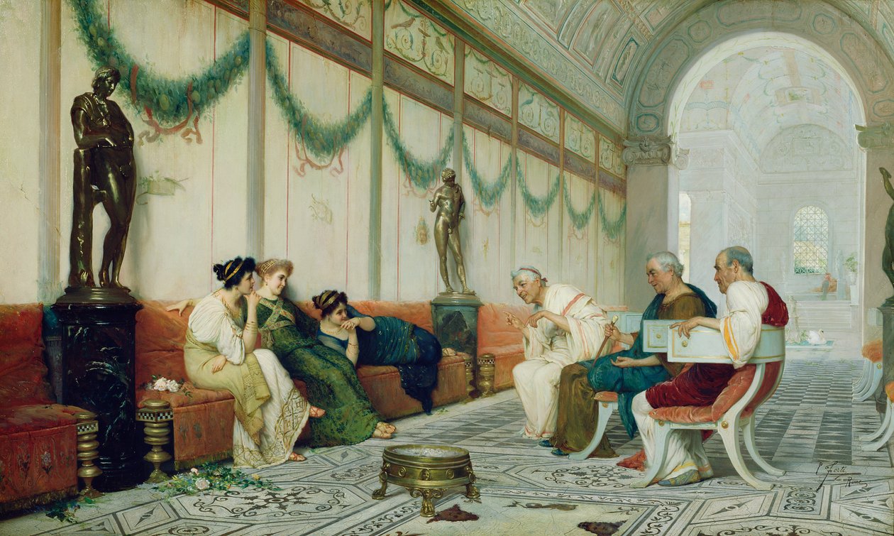Interiör av romersk byggnad med figurer, ca 1880 (olja på duk) av Ettore Forti