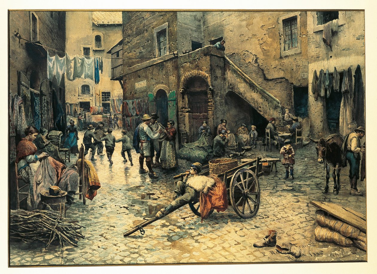 Italien, Rom, Gatuliv på Via Capocciuto i (judiskt) getto i Rom av Ettore Roesler Franz, akvarell av Ettore Roesler Franz