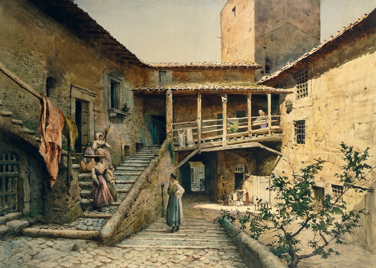 Gården i Anguillara Palace i Rom, från serien Disappeared Rome, av Ettore Roesler Franz (1845-1907) av Ettore Roesler Franz