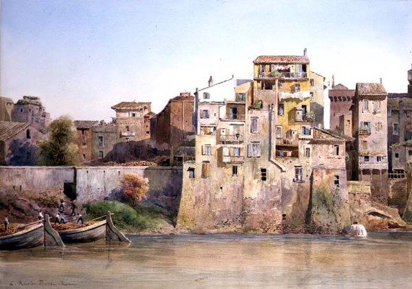 Utsikt över Tevere a Monte Brianzo, Rom (akvarell på papper) av Ettore Roesler Franz